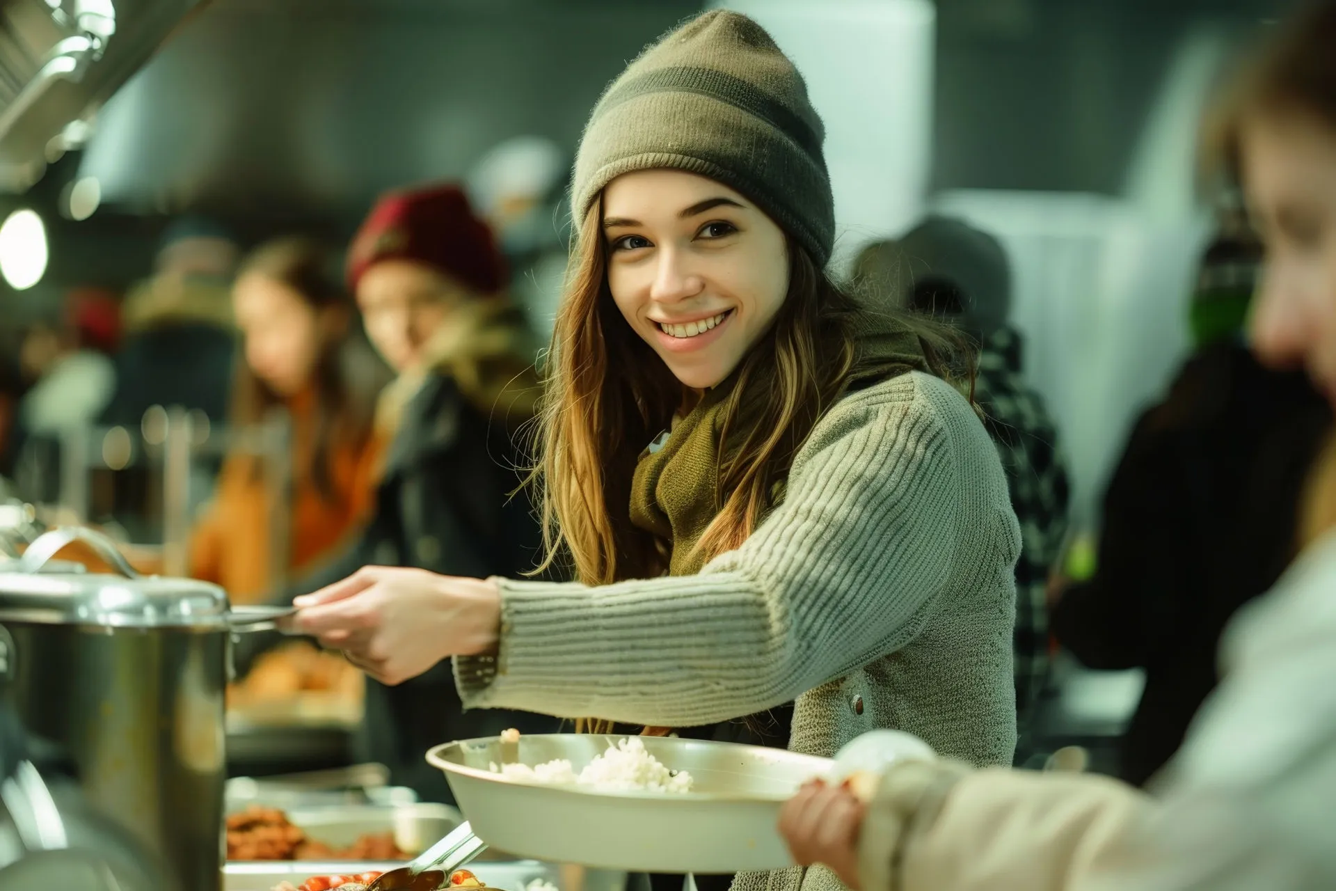 Schüler*innen helfen bei der Essensausgabe für bedürftige Menschen